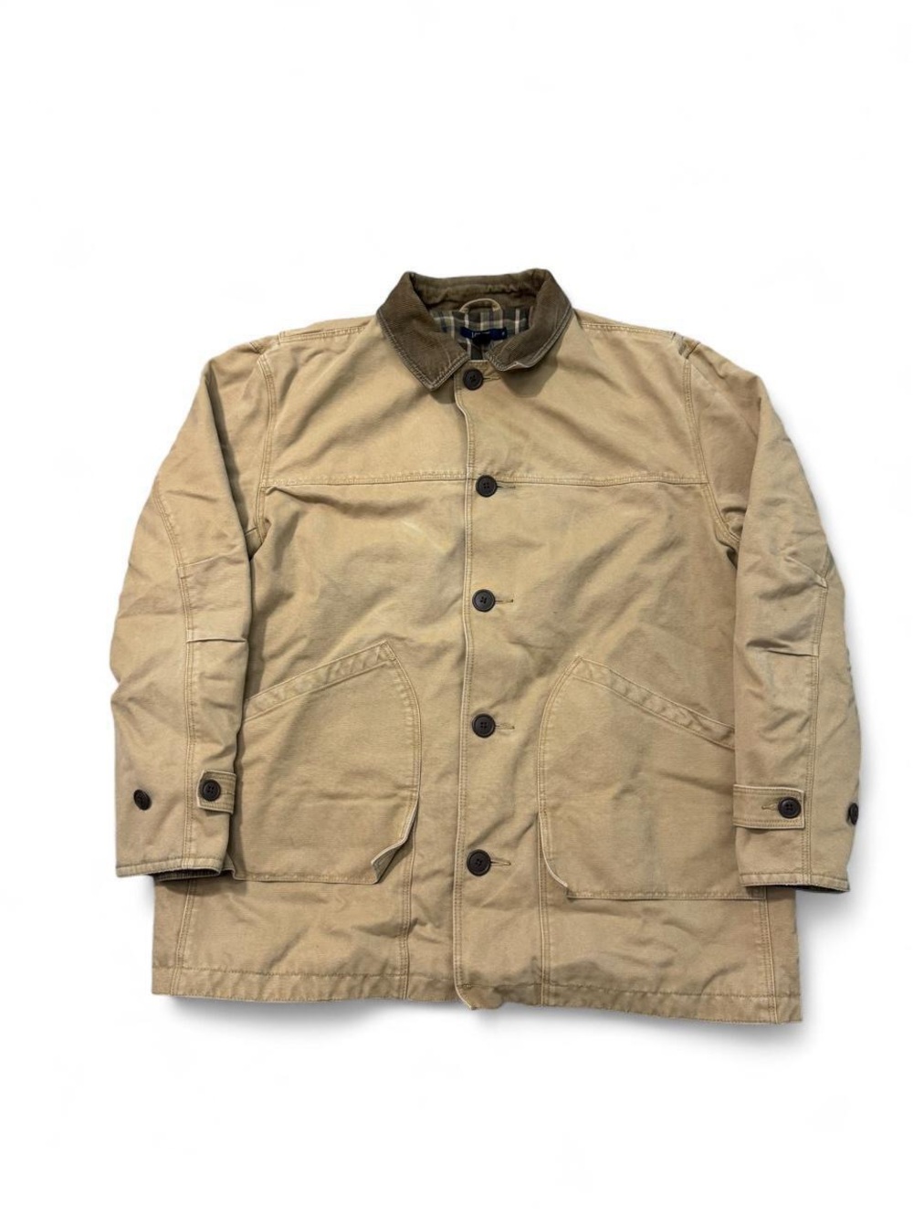 Vintage 90s J.Crew plaid quilt lined corduroy collar chore barn coat tan XL mens